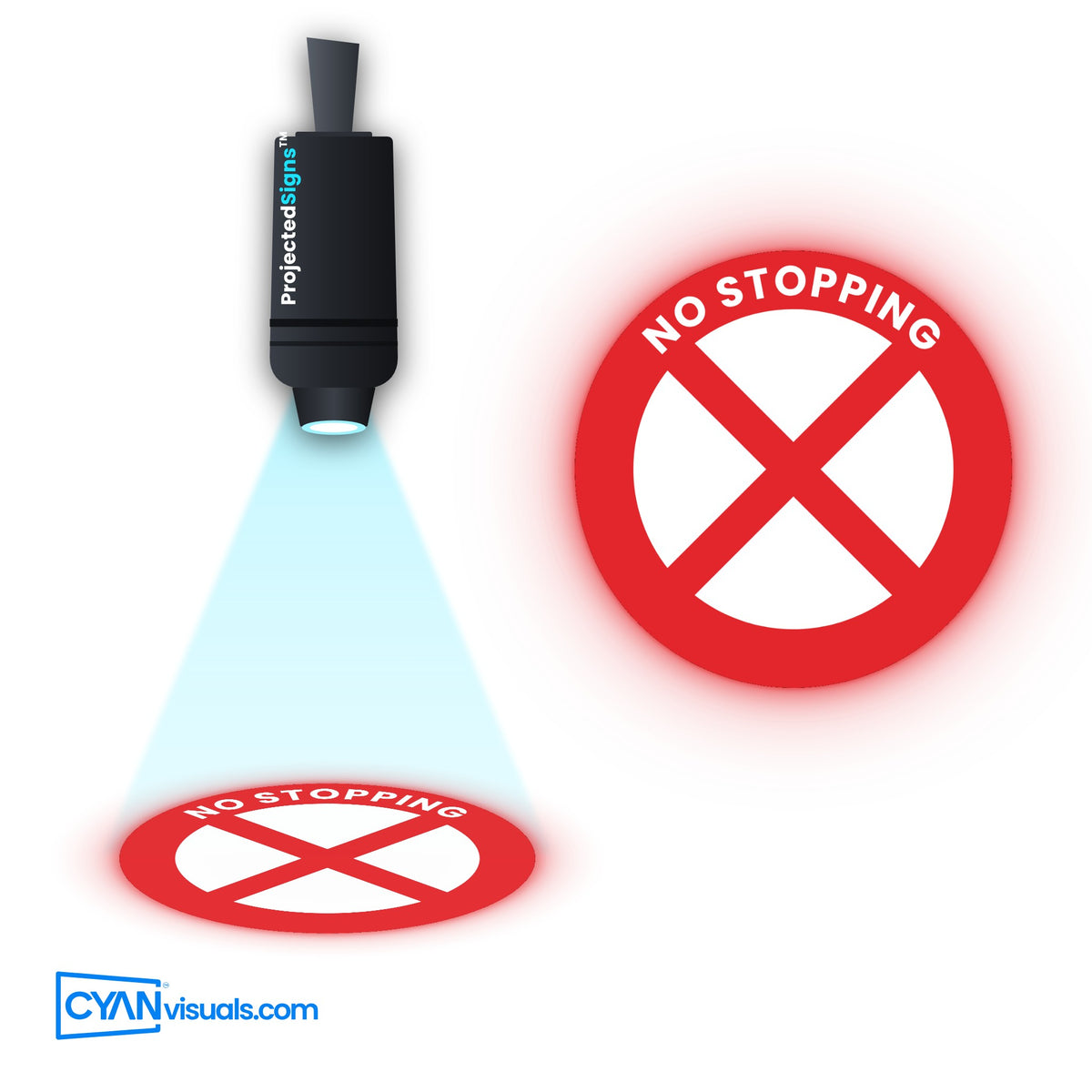 No Stopping gobo projected on the floor by a ProjectedSigns LED sign projector