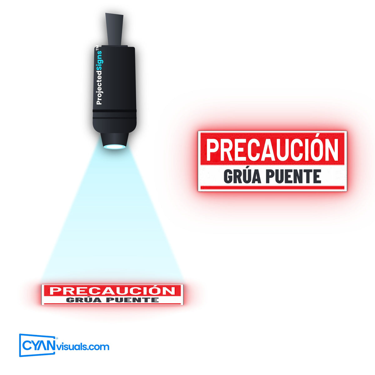 Overhead Crane CAUTION gobo in Spanish projected on the floor by a ProjectedSigns LED sign projector