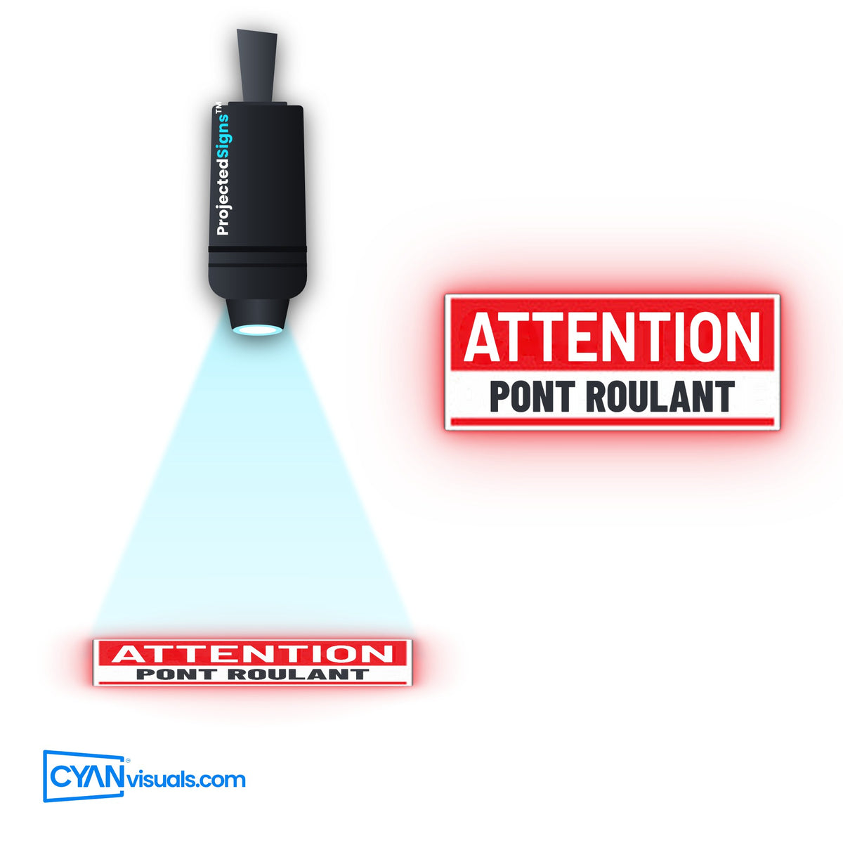 Overhead Crane CAUTION gobo in French projected on the floor by a ProjectedSigns LED sign projector