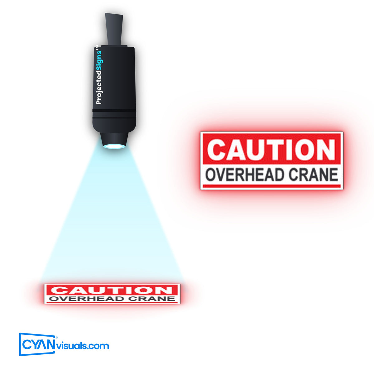 Overhead Crane CAUTION gobo projected on the floor by a ProjectedSigns LED sign projector