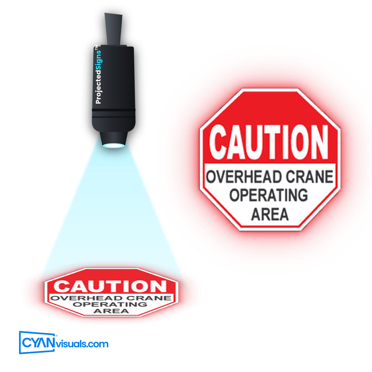 Overhead Crane Operating Area gobo projected on the floor by a ProjectedSigns LED sign projector
