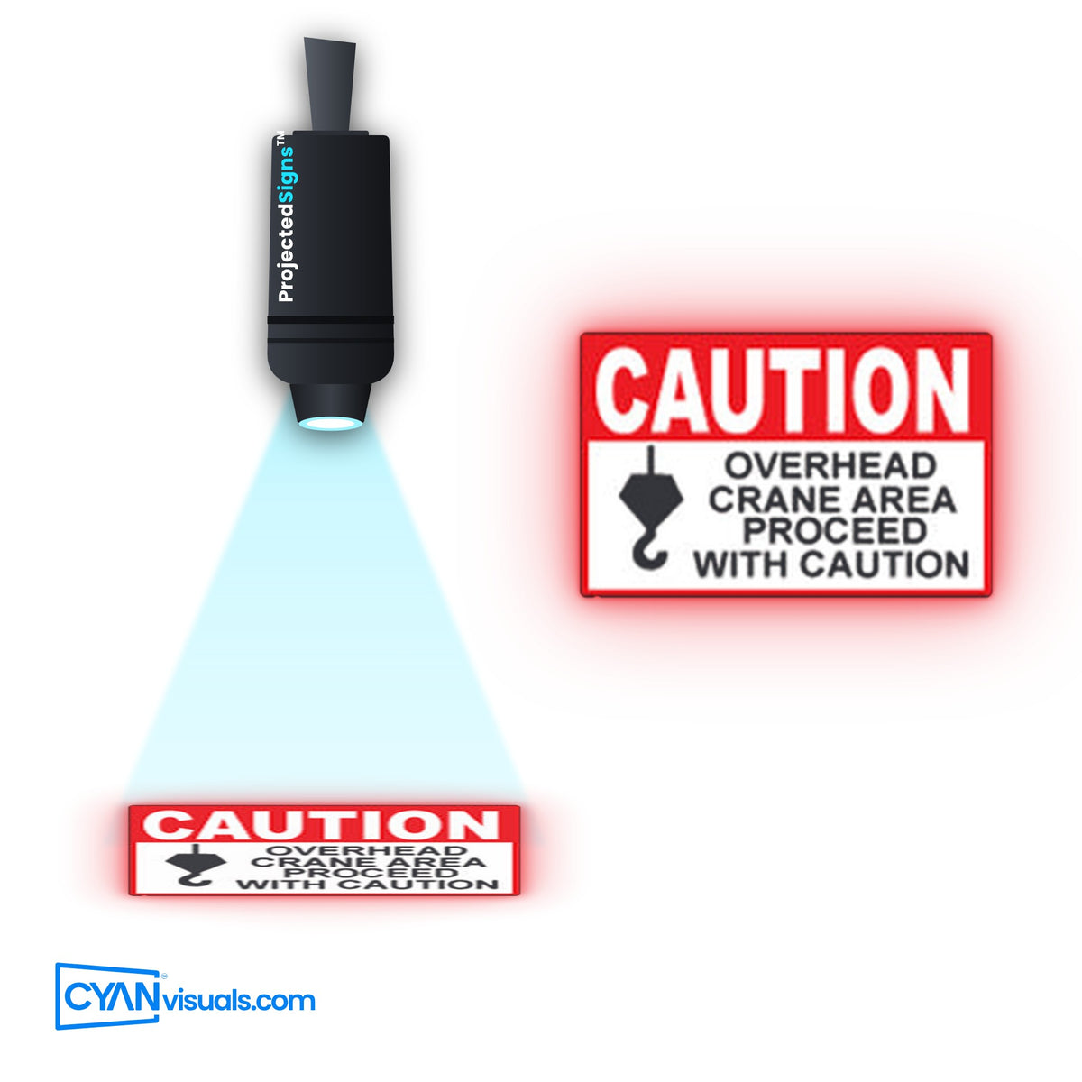 Overhead Crane Proceed with Caution gobo projected on the floor by a ProjectedSigns LED sign projector