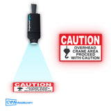 Overhead Crane Proceed with Caution gobo projected on the floor by a ProjectedSigns LED sign projector