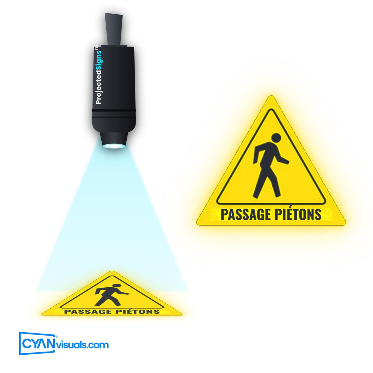 Pedestrian Crossing Triangle gobo in French projected on the floor by a ProjectedSigns LED sign projector
