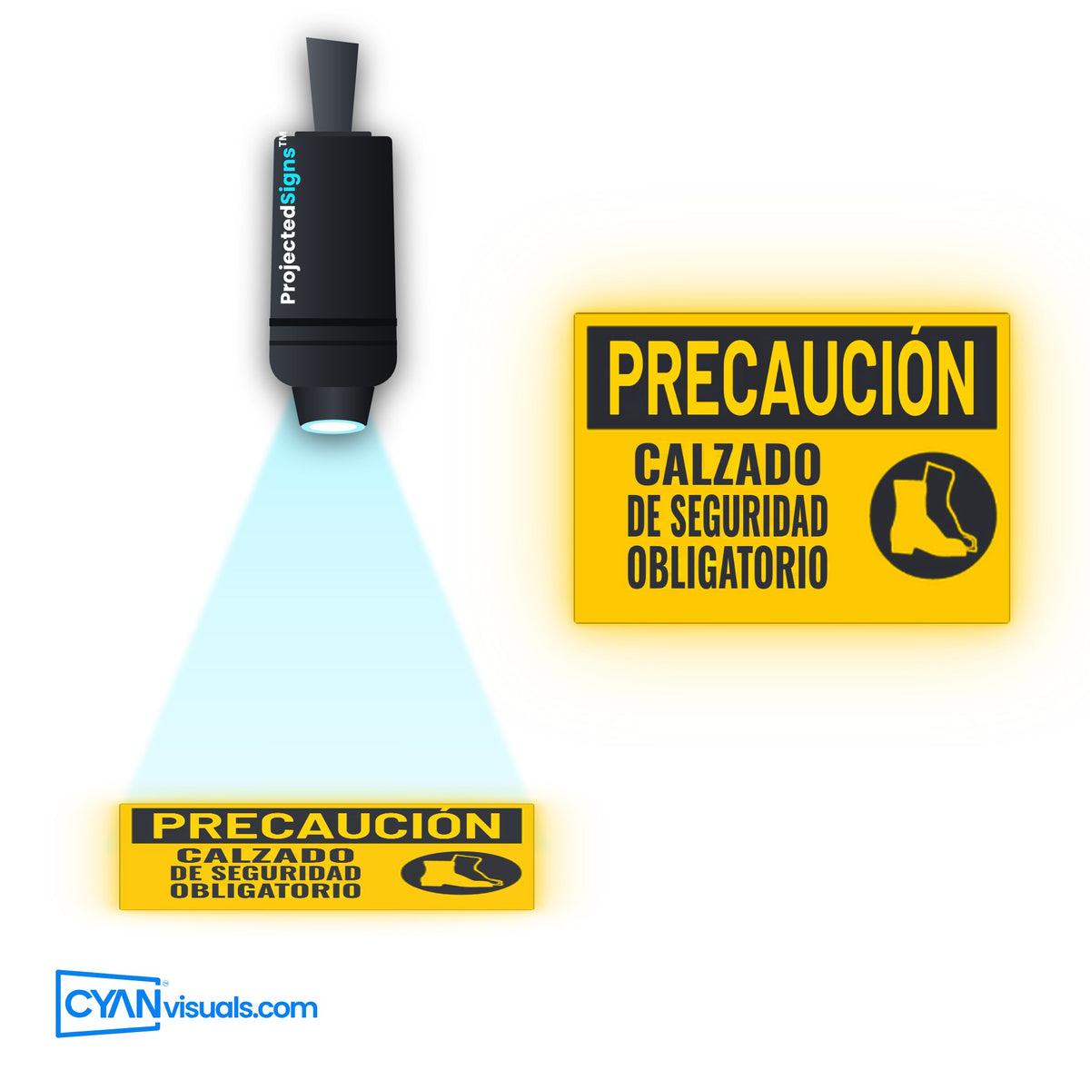 Safety Shoes Required CAUTION gobo in Spanish projected on the floor by a ProjectedSigns LED sign projector