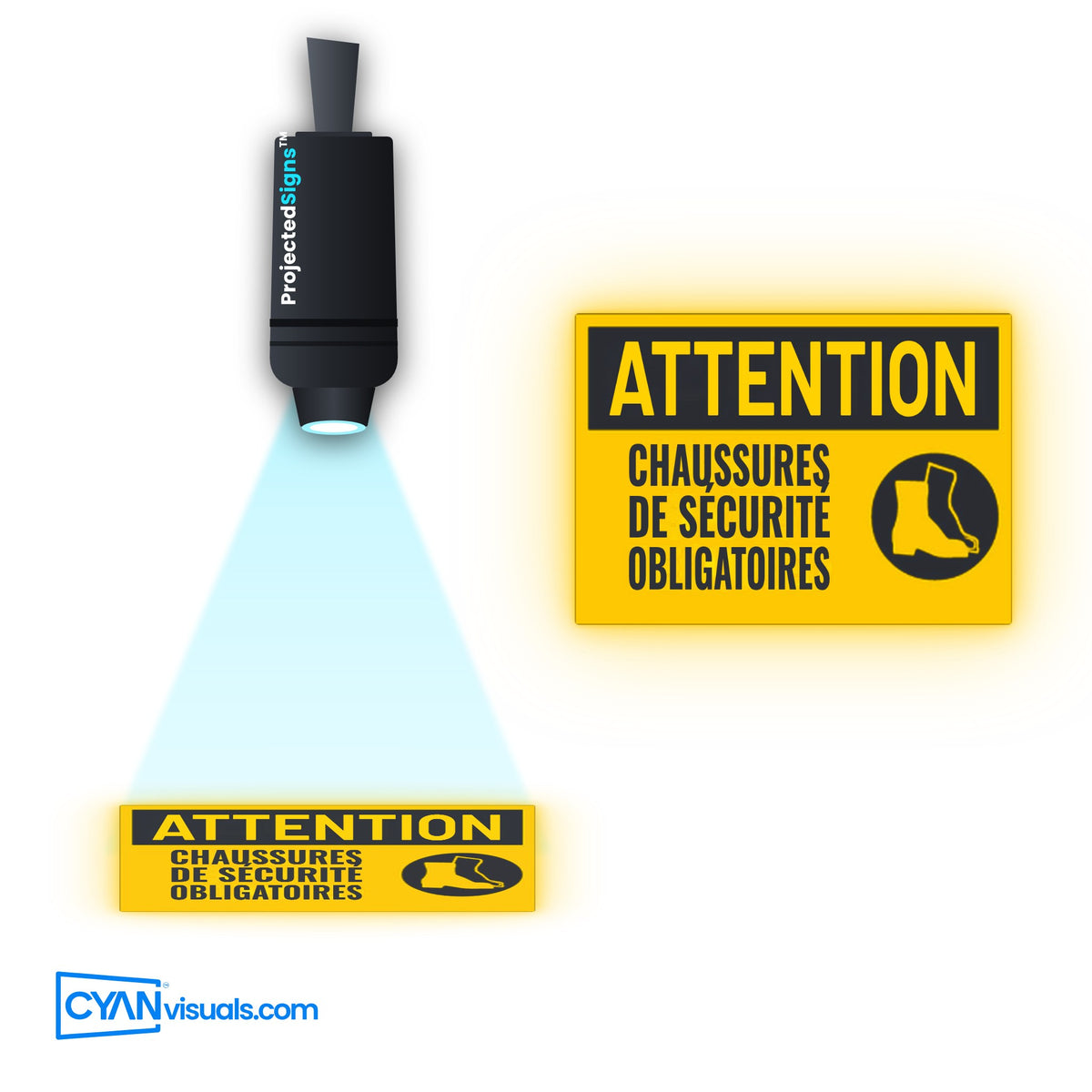 Safety Shoes Required CAUTION gobo in French projected on the floor by a ProjectedSigns LED sign projector