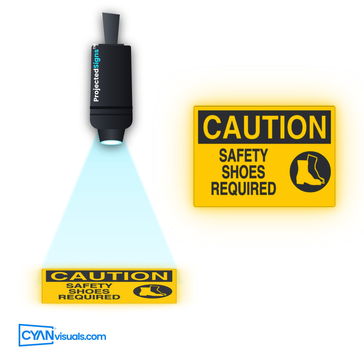 Safety Shoes Required CAUTION gobo projected on the floor by a ProjectedSigns LED sign projector