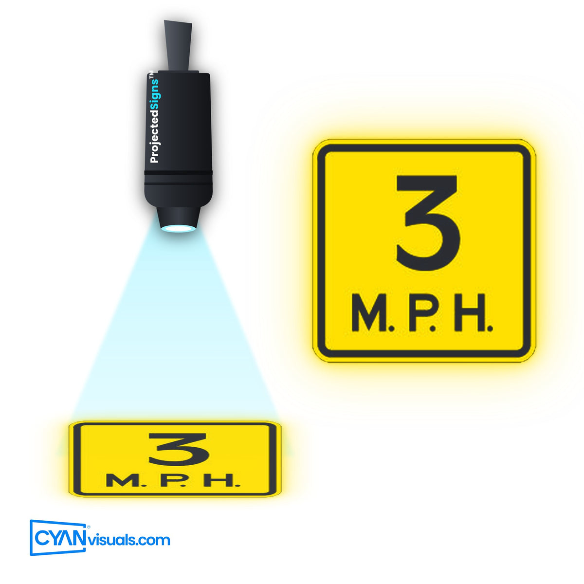 Speed Limit 3 MPH gobo projected on the floor by a ProjectedSigns LED sign projector