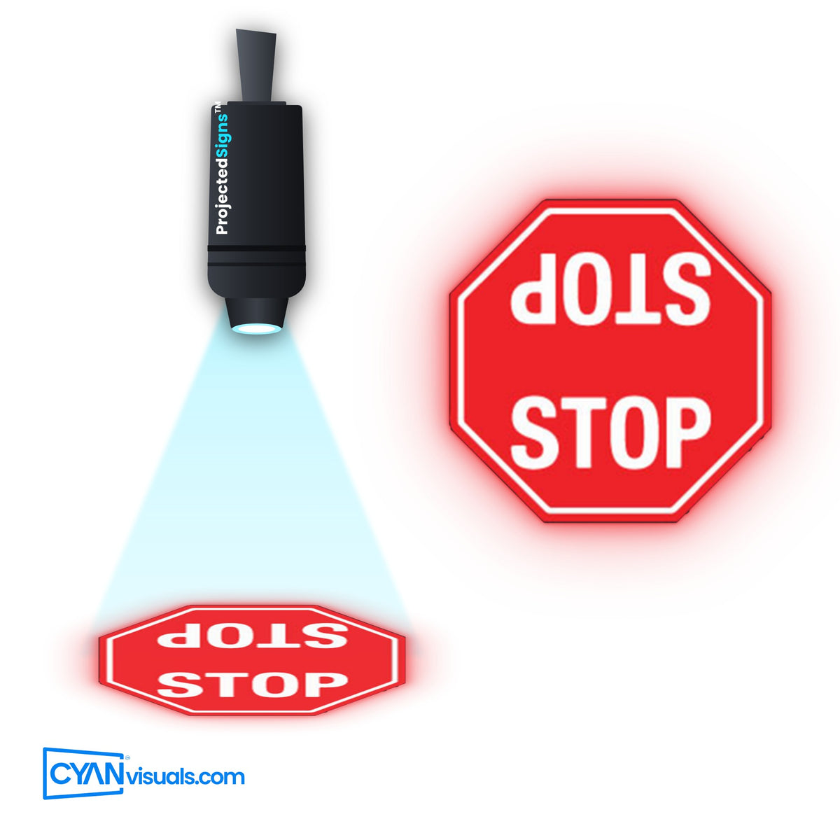 STOP 2-Way gobo projected on the floor by a ProjectedSigns LED sign projector
