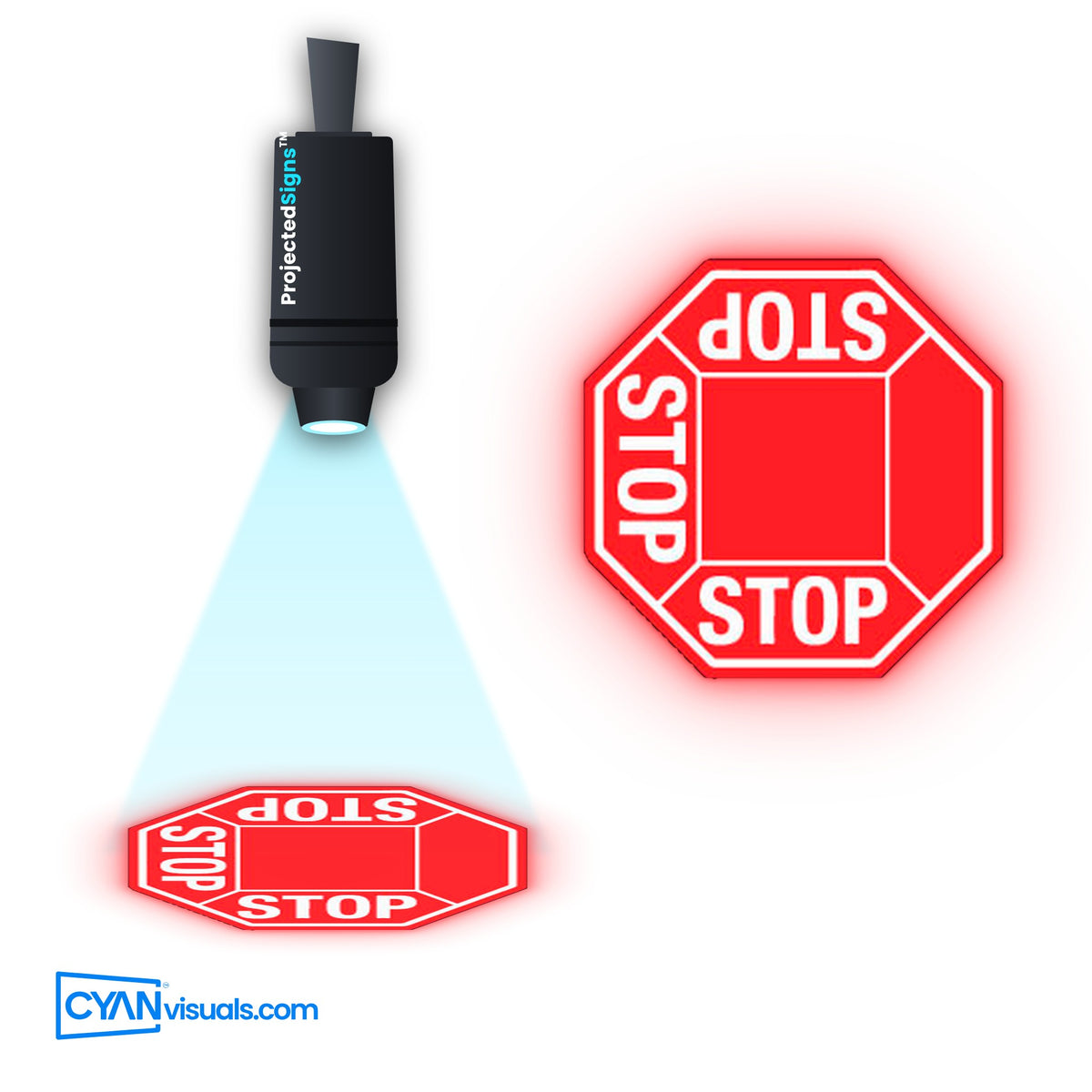 STOP 3-Way gobo projected on the floor by a ProjectedSigns LED sign projector