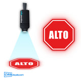 STOP Alto (Bilingual) gobo projected on the floor by a ProjectedSigns LED sign projector