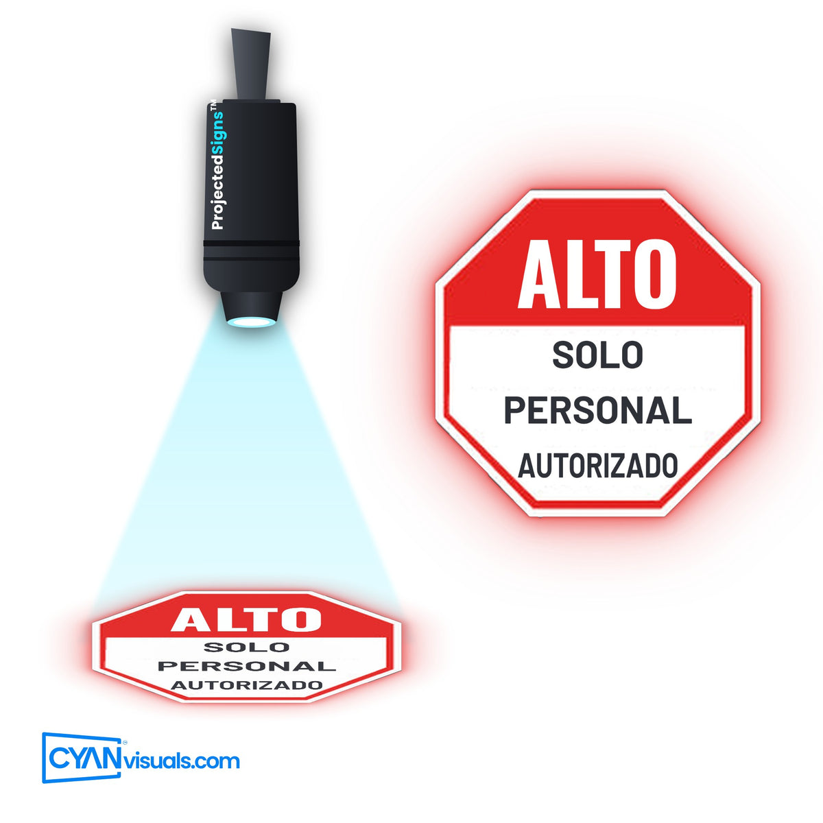 STOP Authorised Personnel Only gobo in Spanish projected on the floor by a ProjectedSigns LED sign projector