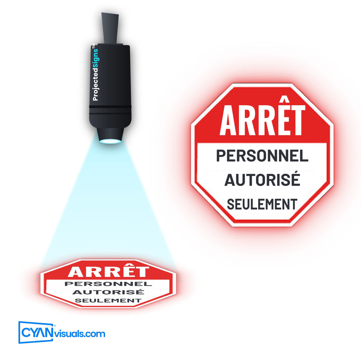 STOP Authorised Personnel Only gobo in French projected on the floor by a ProjectedSigns LED sign projector