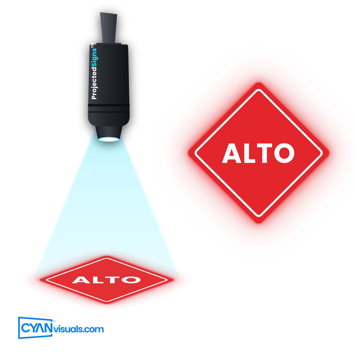 STOP Diamond gobo in Spanish projected on the floor by a ProjectedSigns LED sign projector