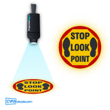 STOP Look Both Points gobo projected on the floor by a ProjectedSigns LED sign projector