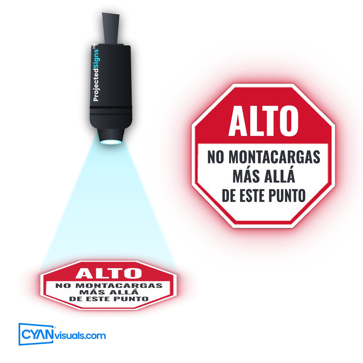 STOP No Forklift gobo in Spanish projected on the floor by a ProjectedSigns LED sign projector