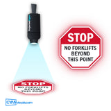 STOP No Forklift gobo projected on the floor by a ProjectedSigns LED sign projector
