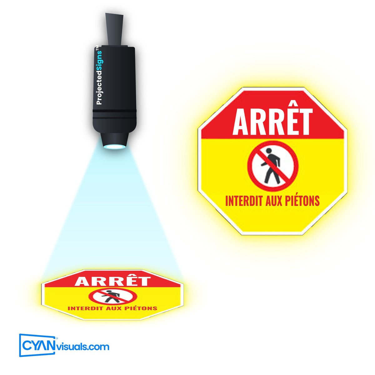 STOP No Pedestrians/Forklift Traffic gobo in French projected on the floor by a ProjectedSigns LED sign projector