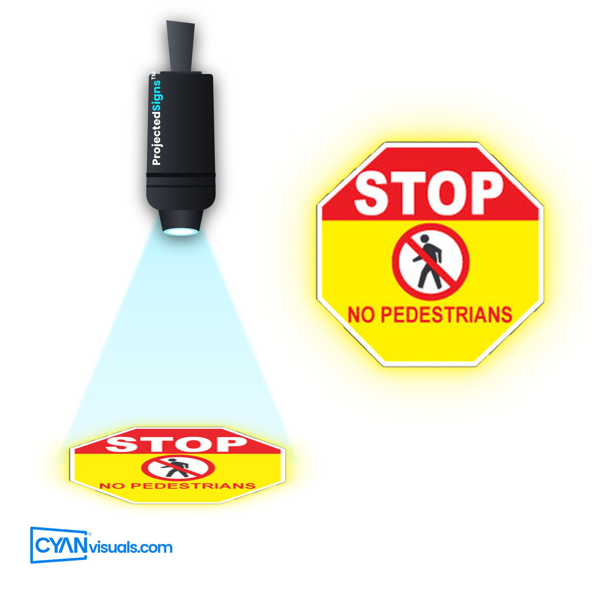 STOP No Pedestrians/Forklift Traffic gobo projected on the floor by a ProjectedSigns LED sign projector