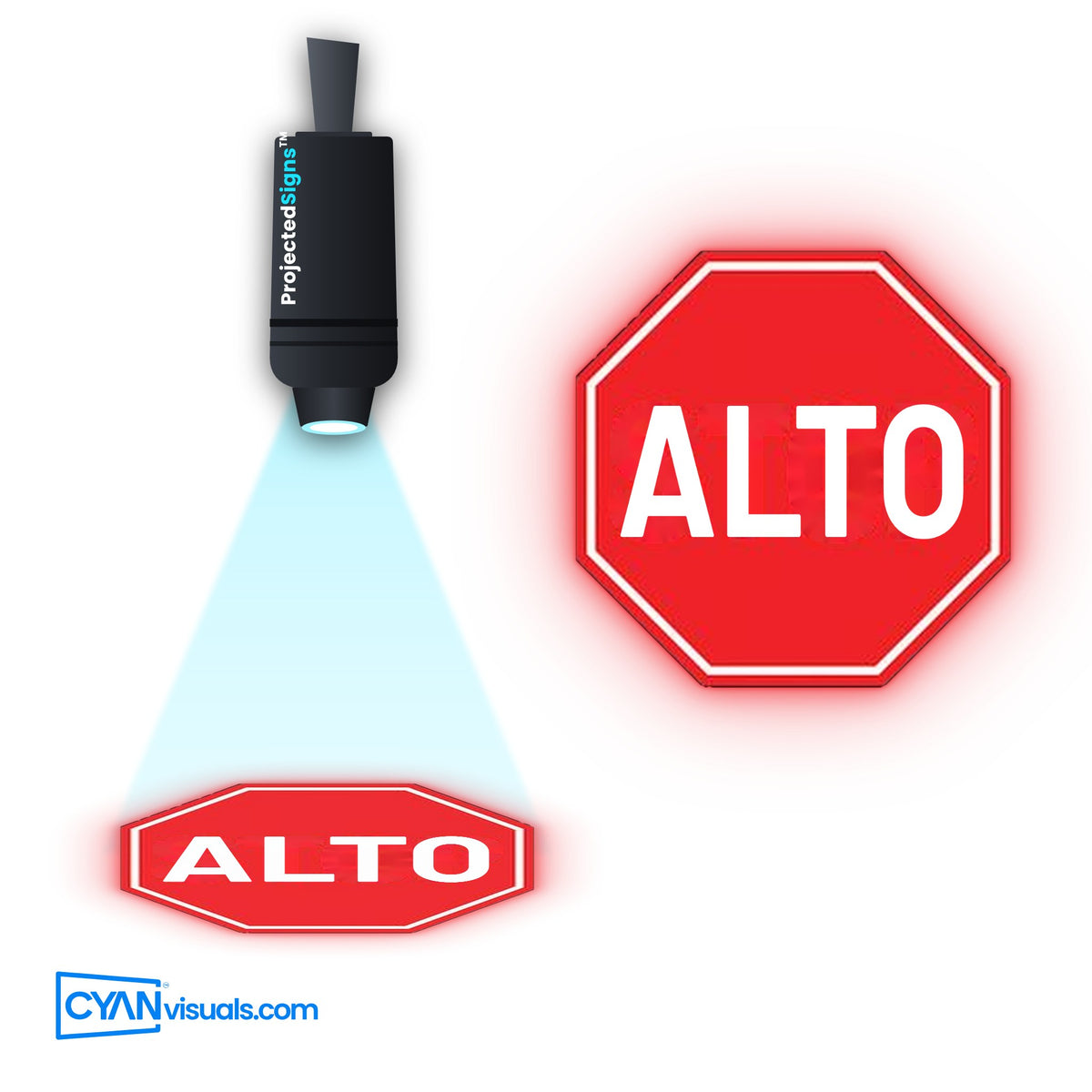 STOP Sign gobo in Spanish projected on the floor by a ProjectedSigns LED sign projector