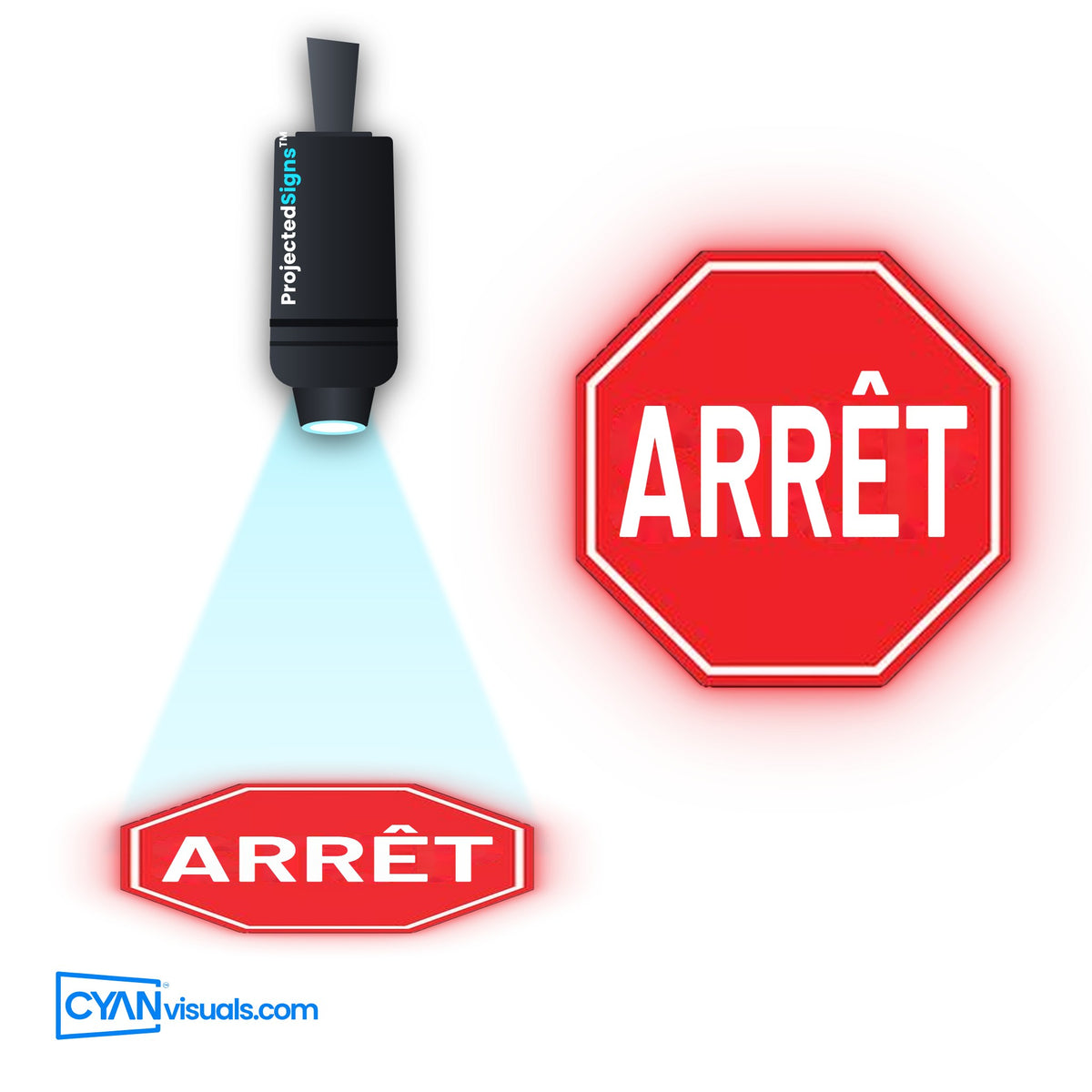 STOP Sign gobo in French projected on the floor by a ProjectedSigns LED sign projector