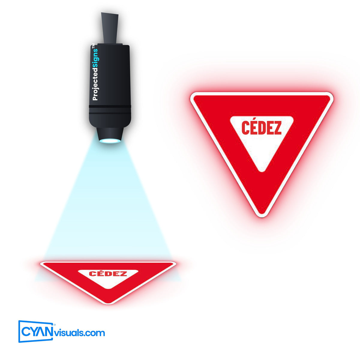 YIELD Triangle gobo in French projected on the floor by a ProjectedSigns LED sign projector