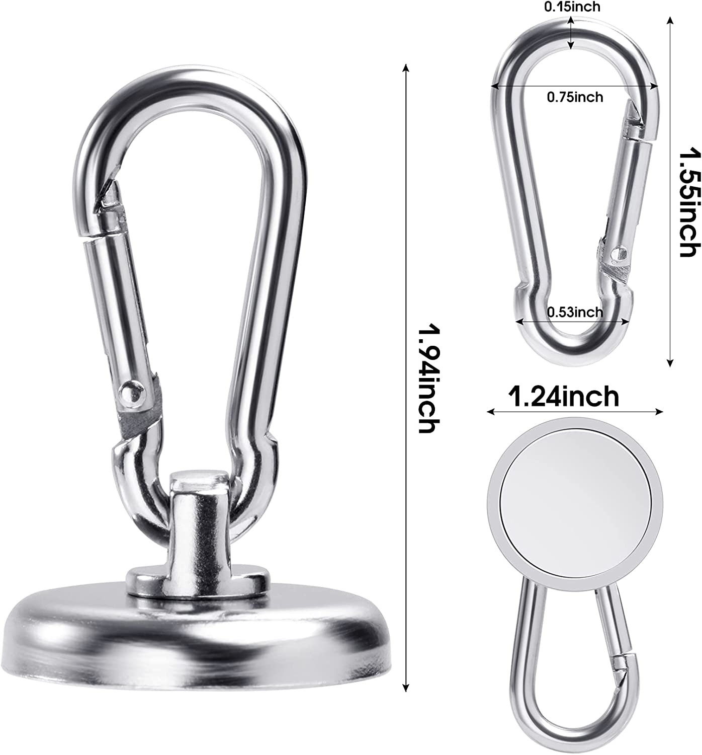 Magnetic Hooks with Swivel Carabiner (8 pack)- 100LBS Heavy Duty Neodymium Magnetic Hook - CYANvisuals