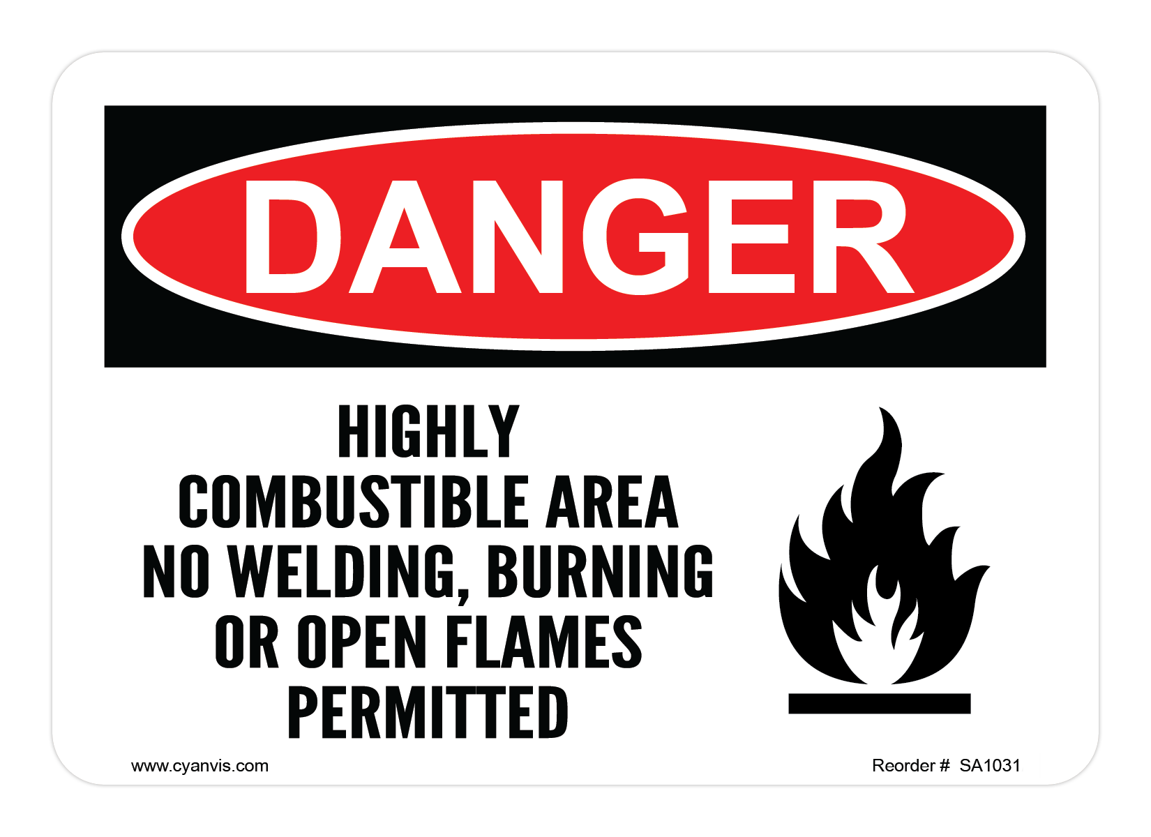 Safety Sign: Danger - HIGHLY COMBUSTIBLE AREA NO WELDING, BURNING OR OPEN FLAMES PERMITTED - CYANvisuals
