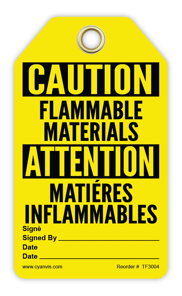 Safety Tag: Bilingual - Caution - FLAMMABLE MATERIALS - MATIÉRES INFLAMMABLES - CYANvisuals