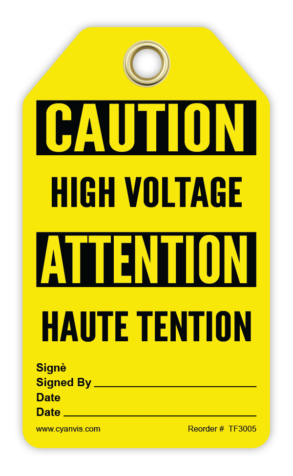 Safety Tag: Bilingual - Caution - HIGH VOLTAGE - HAUTE TENSION - CYANvisuals