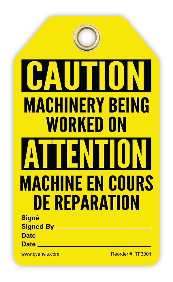 Safety Tag: Bilingual - Caution - MACHINERY BEING WORKED ON - MACHINE EN COURS DE REPARATION - CYANvisuals