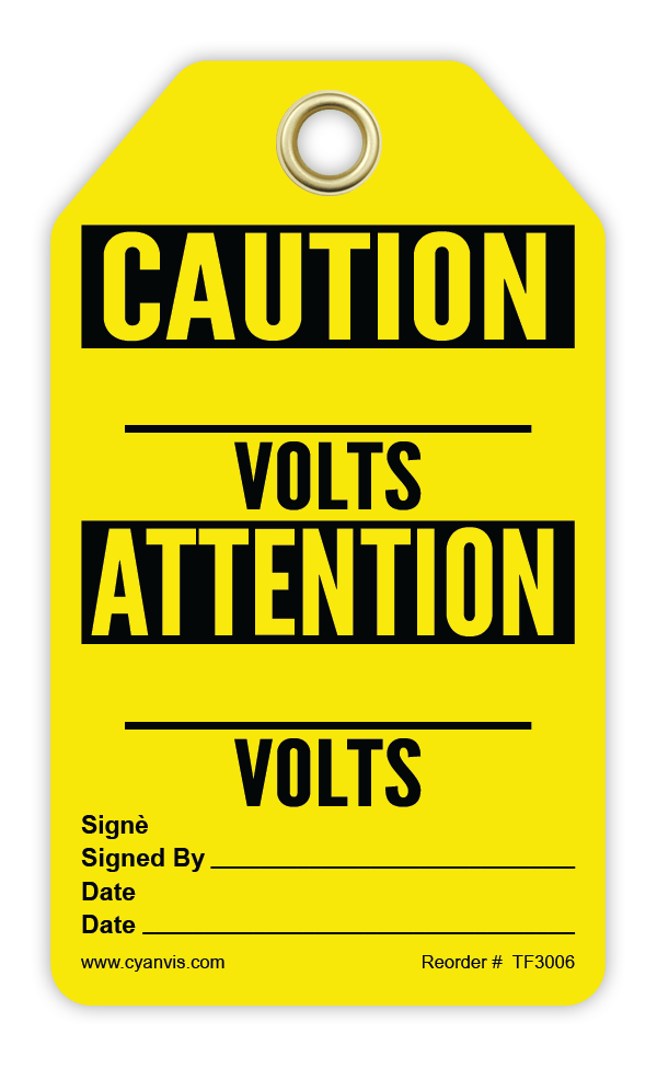 Safety Tag: Bilingual - Caution - ____ VOLTS - _____ VOLTS - CYANvisuals