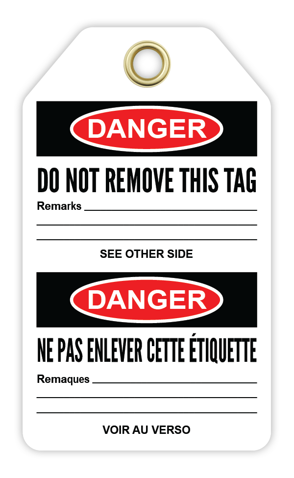 Safety Tag: Bilingual - Lockout - DO NOT OPERATE A LIFE IS ON THE LINE - DANGER - DÉFENSE D'ACTIONNER TRAVAUX EN COURS - CYANvisuals