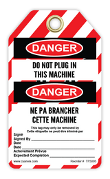 Safety Tag: Bilingual - Lockout - DO NOT PLUG IN THIS MACHINE - DANGER - NE PAS BRANCHER CETTE MACHINE - CYANvisuals