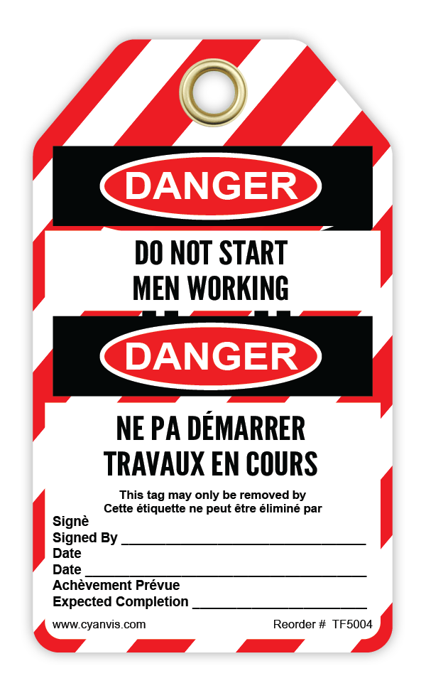 Safety Tag: Bilingual - Lockout - DO NOT START MEN WORKING - DANGER - NE PA DÉMARRER TRAVAUX EN COURS - CYANvisuals