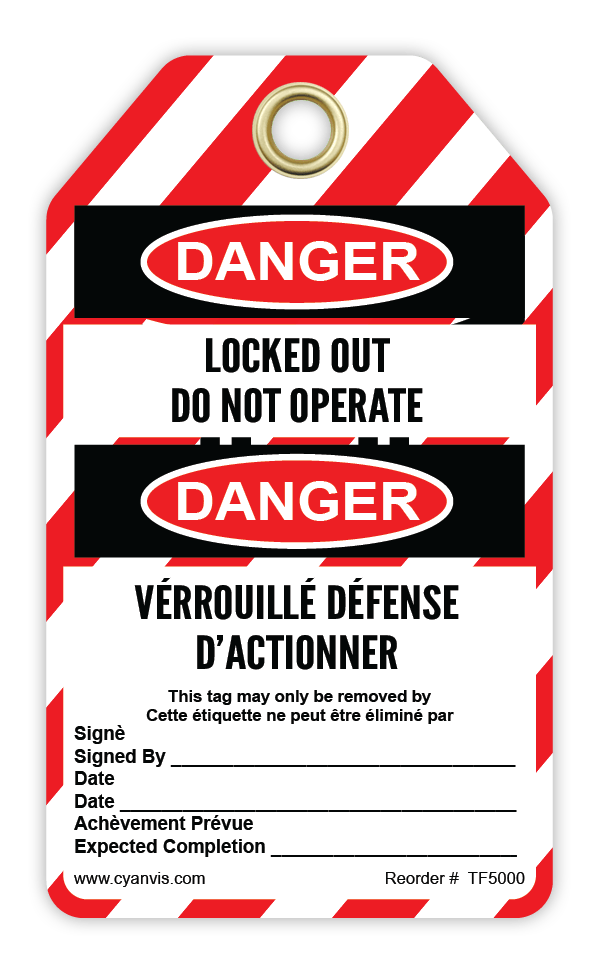 Safety Tag: Bilingual - Lockout - LOCKED OUT DO NOT OPERATE - DANGER - VÉRROUILLÉ DÉFENSE D'ACTIONNER - CYANvisuals