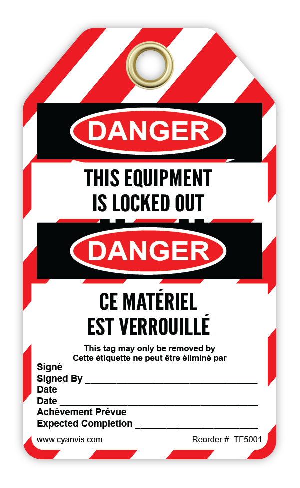Safety Tag: Bilingual - Lockout - THIS EQUIPMENT IS LOCKED OUT - DANGER - CE MATÉRIEL EST VERROUILLÉ - CYANvisuals