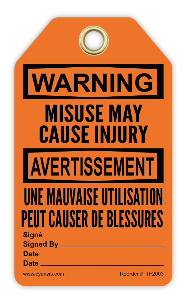 Safety Tag: Bilingual - Warning - MISUSE MAY CAUSE INJURY - UNE MAUVAISE UTILISATION PEUT CAUSER DE BLESSURES - CYANvisuals